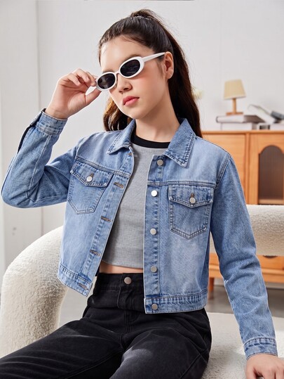 SHEIN Teen Boys Short Denim Jacket Autumn Casual Streetwear College Vintage Navy Blue Washed Soft Distressed Lapel Button-Up Loose Cropped Match T-Shirt