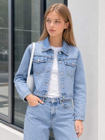SHEIN Kort denimjacka för tonårspojkar, höst, casual streetwear, college vintage, marinblå, tvättad, mjuk, sliten, med slag, knäppning, lös, croppad, matchar T-shirt