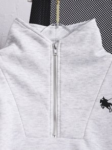 SHEIN Sparklyn 青少年女孩美式學院風黑色半拉鍊 Polo 領小馬印花寬鬆休閒街頭風 Y2K 長袖套頭衛衣 - 淺灰色 - 查看 5