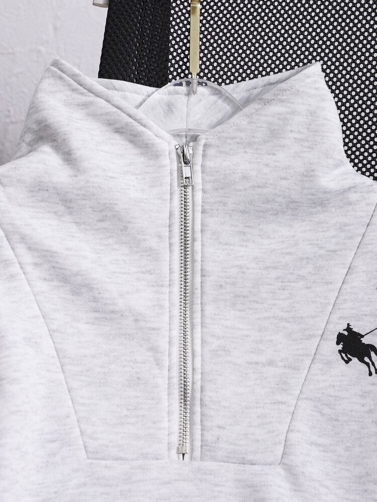 SHEIN Sparklyn Teen Girls American Collegiate Style Black Half-Zip Polo Collar Sweatshirt With Pony Print Loose Casual Streetwear Y2k Long Sleeve Pullover - Light Grey - View 5