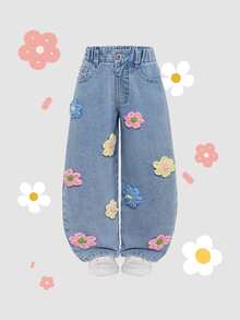 SHEIN Playful Pals Denimly 少女淺藍色返校復古牛仔西部手工 3D 鉤編丹寧直筒褲 鬆緊腰帶鈕扣款 夏季 - 淺色水洗藍 - 查看 3