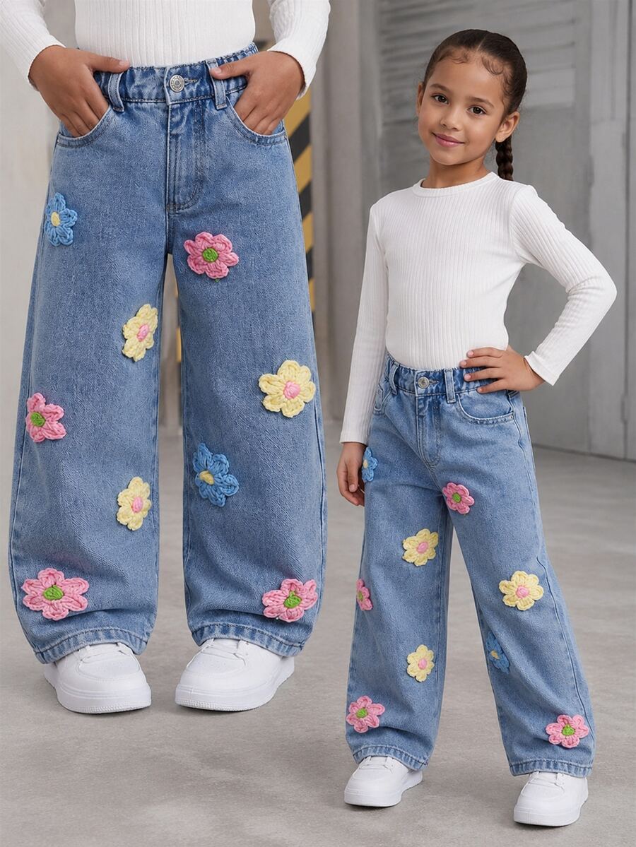 SHEIN Playful Pals Denimly 少女淺藍色返校復古牛仔西部手工 3D 鉤編丹寧直筒褲 鬆緊腰帶鈕扣款 夏季 - 淺色水洗藍 - 查看 1