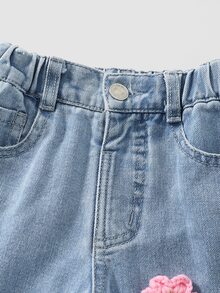 SHEIN Playful Pals Denimly 少女淺藍色返校復古牛仔西部手工 3D 鉤編丹寧直筒褲 鬆緊腰帶鈕扣款 夏季 - 淺色水洗藍 - 查看 6