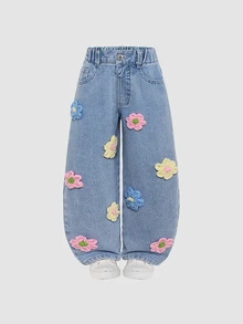 SHEIN Playful Pals Denimly 少女淺藍色返校復古牛仔西部手工 3D 鉤編丹寧直筒褲 鬆緊腰帶鈕扣款 夏季 - 淺色水洗藍 - 查看 5