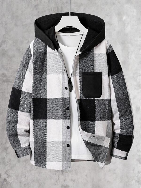 Vacaura 1pc Teen Boy's Casual Zip-Up Hoodie Shirt, Black & White Checkered Pattern, Comfortable Fabric, Suitable For Spring, Autumn & Winter Fall