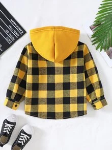 SHEIN Genkimix Kids Boys' Plaid Pattern Hooded Shacket, Spring/Autumn - Yellow - View 4