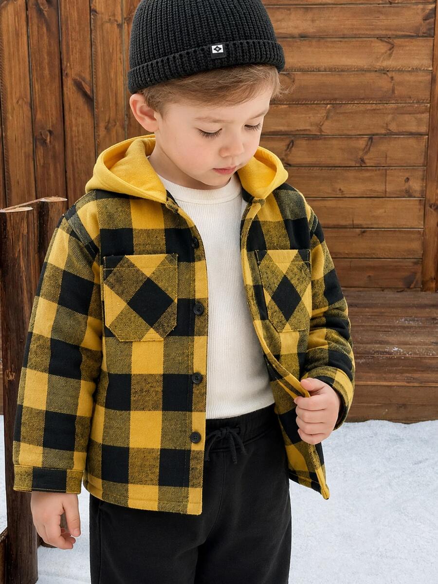 SHEIN Genkimix Kids Boys' Plaid Pattern Hooded Shacket, Spring/Autumn - Yellow - View 1