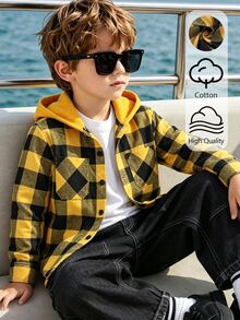 SHEIN Genkimix Kids Boys' Plaid Pattern Hooded Shacket, Spring/Autumn - Yellow - View 9
