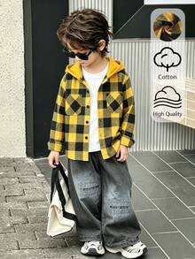 SHEIN Genkimix Kids Boys' Plaid Pattern Hooded Shacket, Spring/Autumn - Yellow - View 2
