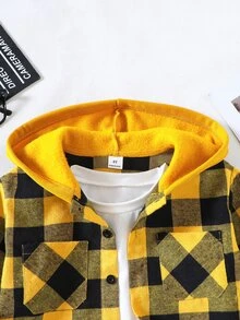 SHEIN Genkimix Kids Boys' Plaid Pattern Hooded Shacket, Spring/Autumn - Yellow - View 5