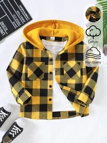 SHEIN Genkimix Kids Boys' Plaid Pattern Hooded Shacket, Spring/Autumn - Yellow - View 3