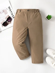 SHEIN Coolqubz Young Boy's Casual Solid Color Pants,Elastic Waist Design With Single Button DecorSlant Pockets,Comfortable Fashion For Autumn,School,Back-To-School - Khaki - View 4