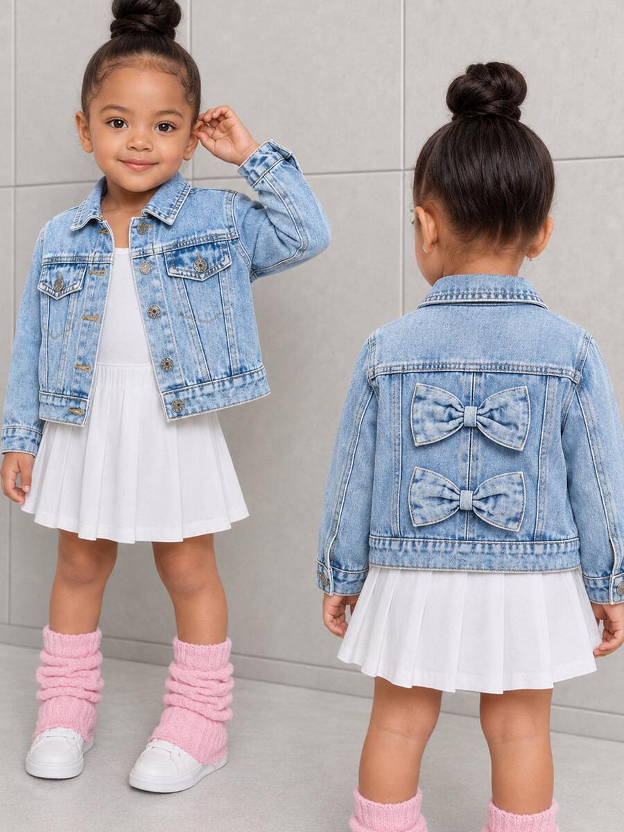 Elladie kids 女童牛仔夾克外套，新款休閒牛仔西部甜美蝴蝶結淺色水洗藍口袋校園夾克，嬰兒藍秋季款