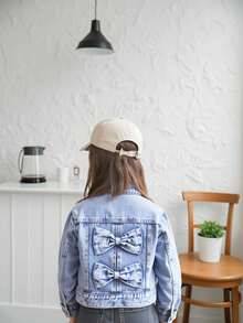 Elladie kids 女童牛仔夾克外套，新款休閒牛仔西部甜美蝴蝶結淺色水洗藍口袋校園夾克，嬰兒藍秋季款 - 淺色水洗藍 - 查看 10