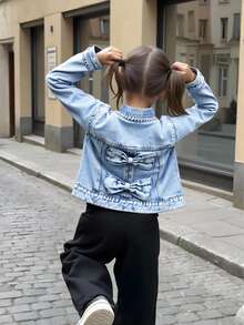 Elladie kids 女童牛仔夾克外套，新款休閒牛仔西部甜美蝴蝶結淺色水洗藍口袋校園夾克，嬰兒藍秋季款 - 淺色水洗藍 - 查看 8