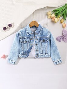 Elladie kids 女童牛仔夾克外套，新款休閒牛仔西部甜美蝴蝶結淺色水洗藍口袋校園夾克，嬰兒藍秋季款 - 淺色水洗藍 - 查看 3