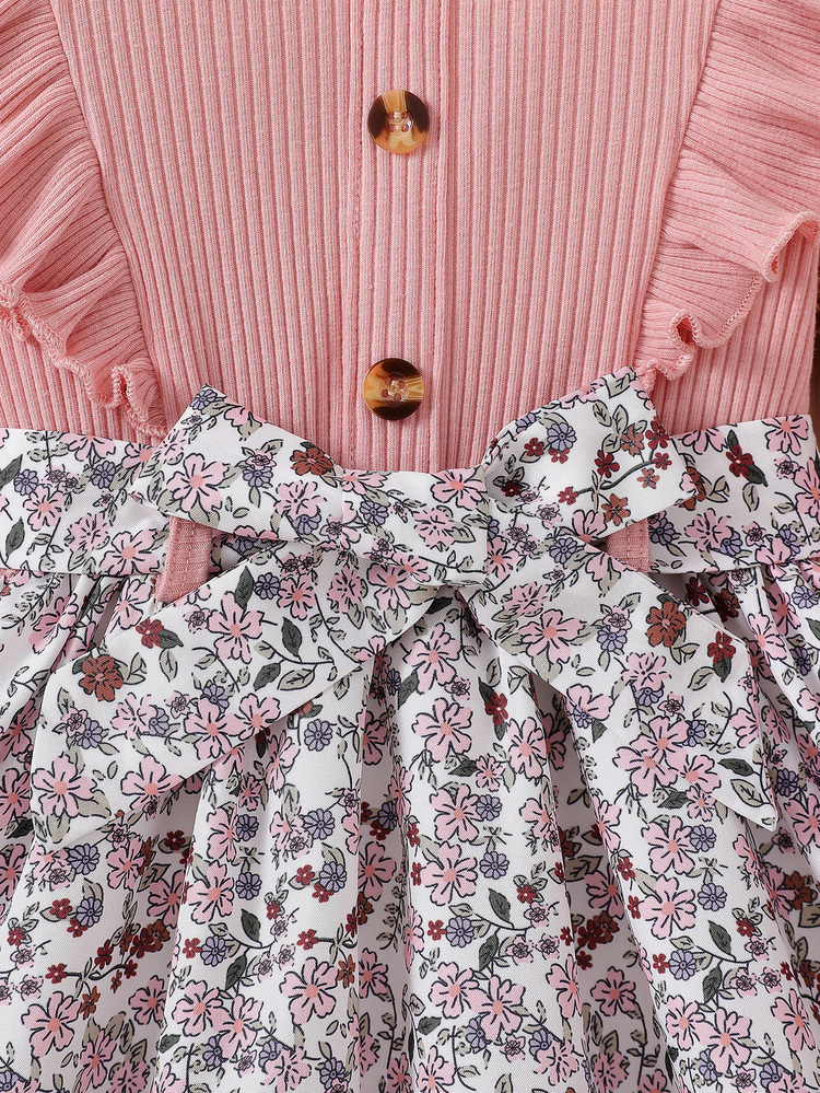 Elladie kids Young Girls Baby Blue White Ribbed Crew Neck Long Sleeve Ruffle Button Decor A-Line Dress With Bow Belt Floral Hem Autumn Fairy Holiday Style - Pink - View 9