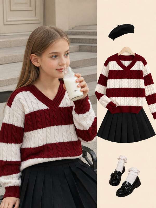 SHEIN Tween Girls Striped Color Block Cable Knit V-Neck Lantern Sleeve Oversized Casual Loose Pullover Sweater Suitable For Autumn Winter Outings Burgundy