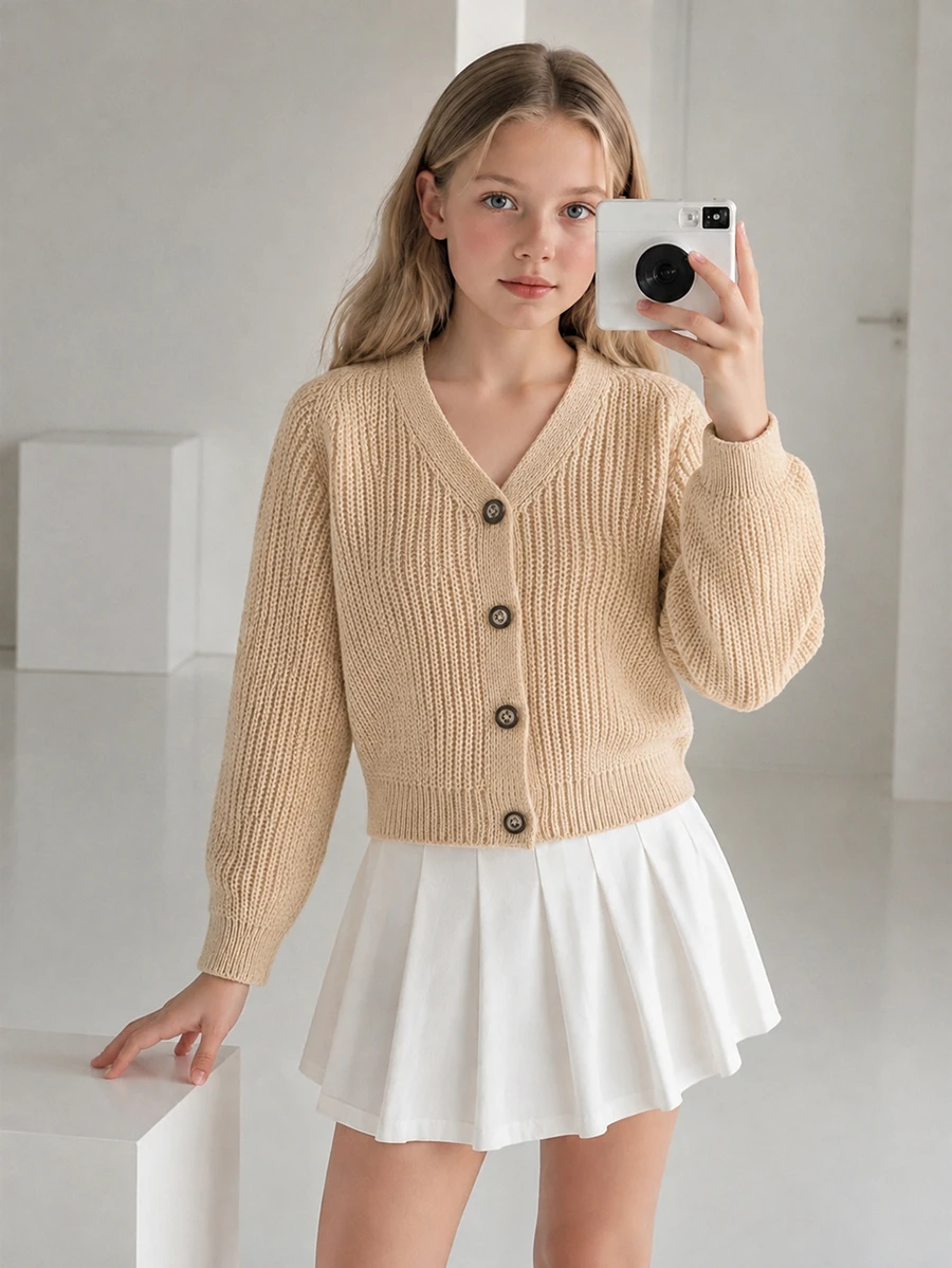 SHEIN 适合小女孩和幼儿的米色、白色、浅黄色、杏色开衫，舒适创意耳挂设计，简约百搭，薄款灯笼袖，V领罗纹袖口，时尚四季皆宜。美丽可爱，优雅轻盈，舒适针织，个性十足，充满童趣，适合玩耍、日常出行、上学等各种场合。可作开衫、毛衣、针织衫、外套穿着，春夏秋冬皆宜。
