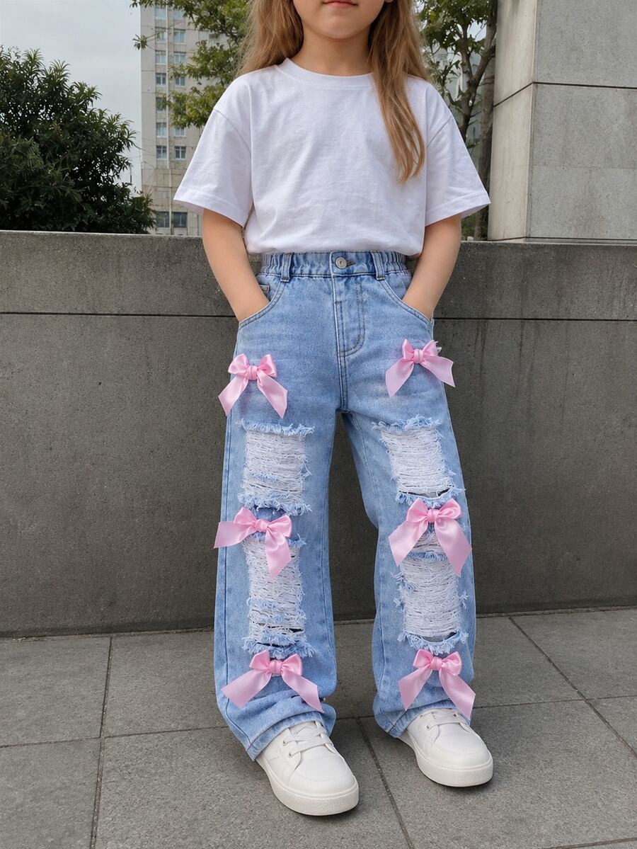Genkimix Kids 2026春夏女童淺藍水洗重磅破洞蝴蝶結裝飾牛仔長褲 寬鬆直筒甜酷牛仔褲 秋季牛仔褲