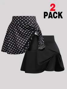 SHEIN Sparklyn 2件組女童裙子，波點與純色設計，防走光安全裙，百搭貼身A字裙，校園與日常穿著必備 - 黑色 - 查看 3