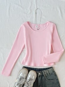SHEIN Tween女孩秋冬休閒百搭極簡保暖內裡高領修身長袖T恤，粉色百搭保暖內裡高領長袖針織素色T恤，適合萬聖節、聖誕節、新年、居家、外出、學校 - 粉色 - 查看 7
