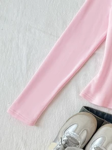 SHEIN Tween女孩秋冬休閒百搭極簡保暖內裡高領修身長袖T恤，粉色百搭保暖內裡高領長袖針織素色T恤，適合萬聖節、聖誕節、新年、居家、外出、學校 - 粉色 - 查看 4