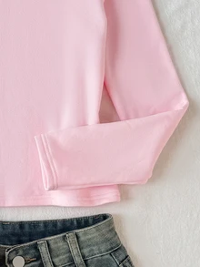 SHEIN Tween女孩秋冬休閒百搭極簡保暖內裡高領修身長袖T恤，粉色百搭保暖內裡高領長袖針織素色T恤，適合萬聖節、聖誕節、新年、居家、外出、學校 - 粉色 - 查看 6