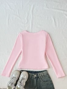 SHEIN Tween女孩秋冬休閒百搭極簡保暖內裡高領修身長袖T恤，粉色百搭保暖內裡高領長袖針織素色T恤，適合萬聖節、聖誕節、新年、居家、外出、學校 - 粉色 - 查看 11