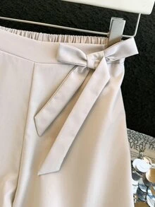 SHEIN Teen Girl Fall Clothes Fall Button & Bow Decor Wide Leg Long Pants, Holiday Outfits, Casual, Comfortable - Multicolor - View 6