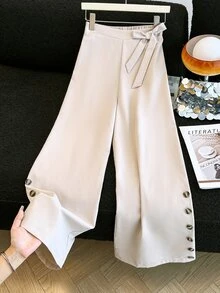 SHEIN Teen Girl Fall Clothes Fall Button & Bow Decor Wide Leg Long Pants, Holiday Outfits, Casual, Comfortable - Multicolor - View 5