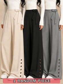 SHEIN Teen Girl Fall Clothes Fall Button & Bow Decor Wide Leg Long Pants, Holiday Outfits, Casual, Comfortable - Multicolor - View 1