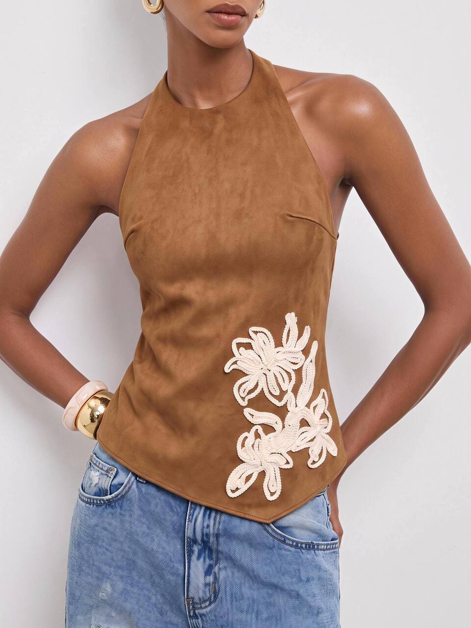 SHEIN Maija Women's Suede Embroidered Backless Halter Neck Sleeveless Top With Tie Straps, Urban Autumn Style
