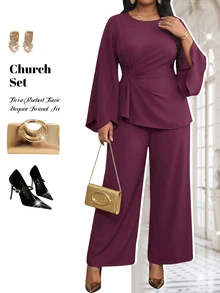 Fleurora Plus Size Solid Color Pleated Long Sleeve Top And Casual Pants 2 Pieces Set Fall - Red Violet - View 5