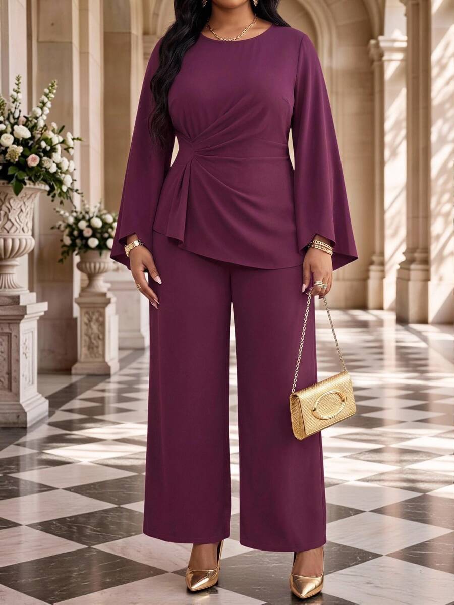 Fleurora Plus Size Solid Color Pleated Long Sleeve Top And Casual Pants 2 Pieces Set Fall - Red Violet - View 1