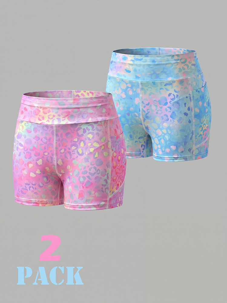 SHEIN Tween Girls Biker Shorts 2 Pack Colorful Holographic Leopard Print V Cross High Waisted Athletic Running Shorts With Phone Side Pockets Yoga Pants - Multicolor - View 9