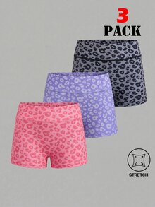 SHEIN 3PCS Tween Girls' Leopard Print Active Shorts,Cute Autumn Winter Pink And Grey High-Stretch Gym Shorts With Side Pockets For Cycling,Jogging,Yoga - Multicolor - View 1