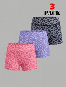 SHEIN 3PCS Tween Girls' Leopard Print Active Shorts,Cute Autumn Winter Pink And Grey High-Stretch Gym Shorts With Side Pockets For Cycling,Jogging,Yoga - Multicolor - View 9