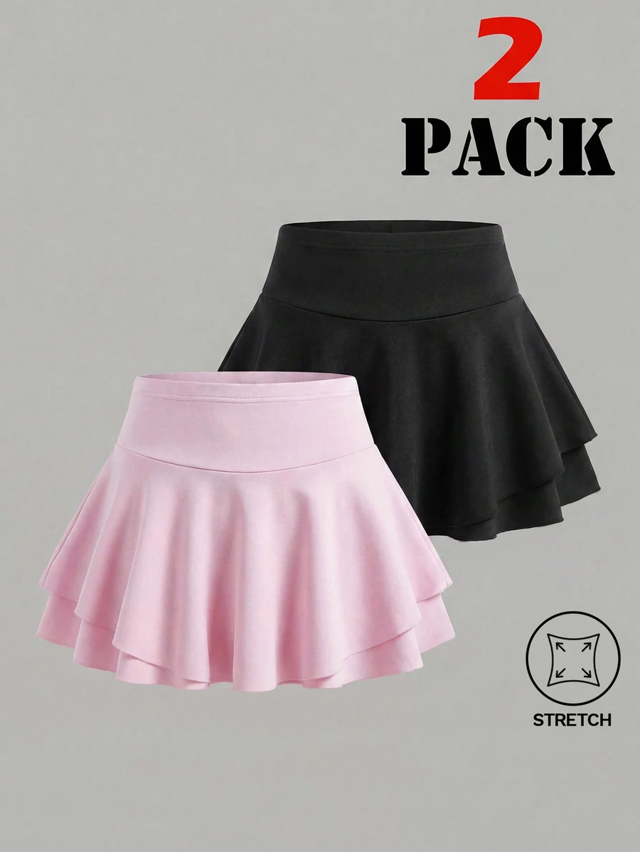 SHEIN 2pcs/Set Young Girl Sports Baby Pink Yoga Skirt, Training Running Skirt Back-To-School Summer - Multicolor - View 1