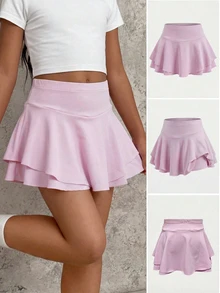 SHEIN 2pcs/Set Young Girl Sports Baby Pink Yoga Skirt, Training Running Skirt Back-To-School Summer - Multicolor - View 2