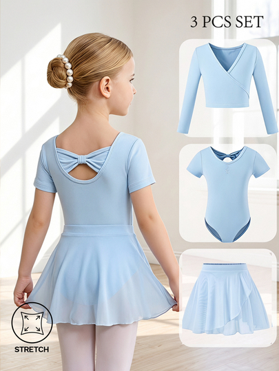SHEIN Young Girls' 3-Piece Ballet Set (Leotard, Tutu Skirt, Wrap Top), Pink, Three-Piece Dance Training Set, Solid, Knit, Fitted, Sportswear, Cardigan, Vest