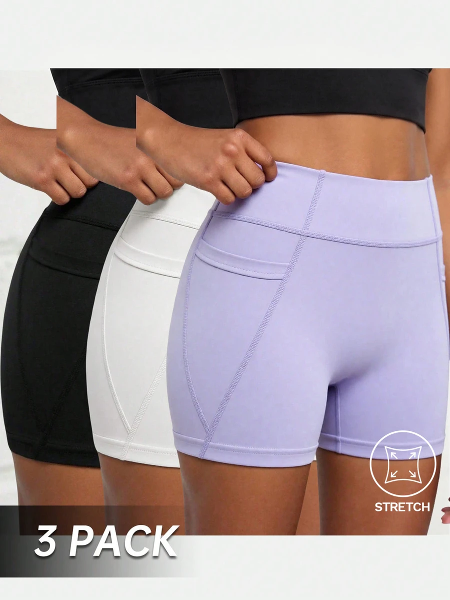 SHEIN Tween Girls' Solid Active Modest Athletic Shorts 3 Packs Creative Patchwork Practical Side Pockets High-Stretch Summer Gym Black White Light Purple - Multicolor - View 1