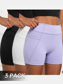 SHEIN Tween Girls' Solid Active Modest Athletic Shorts 3 Packs Creative Patchwork Practical Side Pockets High-Stretch Summer Gym Black White Light Purple - Multicolor - View 9