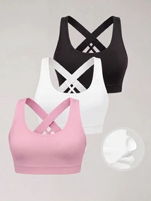 SHEIN [3件組] 青少年女孩純色針織交叉背帶運動背心，適合瑜伽、跑步、訓練，夏季健身房穿著，黑色、純白色、粉色 - 彩色 - 查看 8