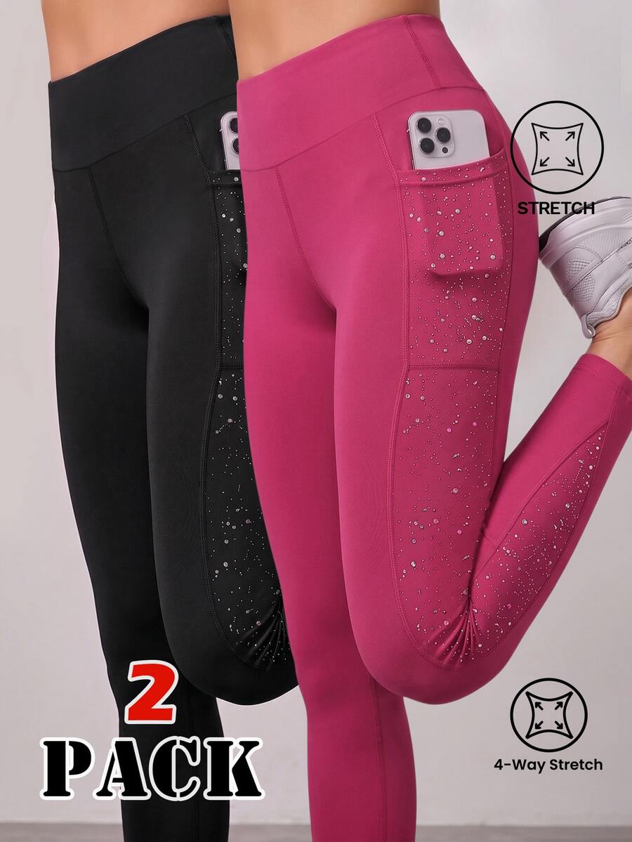 SHEIN 2件組青少年女孩緊身褲套裝，黑色與桃紅色瑜伽褲，高彈性，側邊口袋，運動端莊運動跑步、騎單車、健身房秋季款
