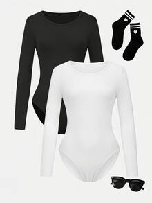 SHEIN 2pcs Tween Girl Solid Color Round Neck Dance & Gymnastics Bodysuit, Elastic Fitted Autumn Winter Long Sleeve Leotard, Fall Winter, Back To School - Black and White - View 9