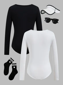 SHEIN 2pcs Tween Girl Solid Color Round Neck Dance & Gymnastics Bodysuit, Elastic Fitted Autumn Winter Long Sleeve Leotard, Fall Winter, Back To School - Black and White - View 2