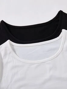 SHEIN 2pcs Tween Girl Solid Color Round Neck Dance & Gymnastics Bodysuit, Elastic Fitted Autumn Winter Long Sleeve Leotard, Fall Winter, Back To School - Black and White - View 3