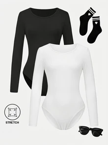 SHEIN 2pcs Tween Girl Solid Color Round Neck Dance & Gymnastics Bodysuit, Elastic Fitted Autumn Winter Long Sleeve Leotard, Fall Winter, Back To School - Black and White - View 1