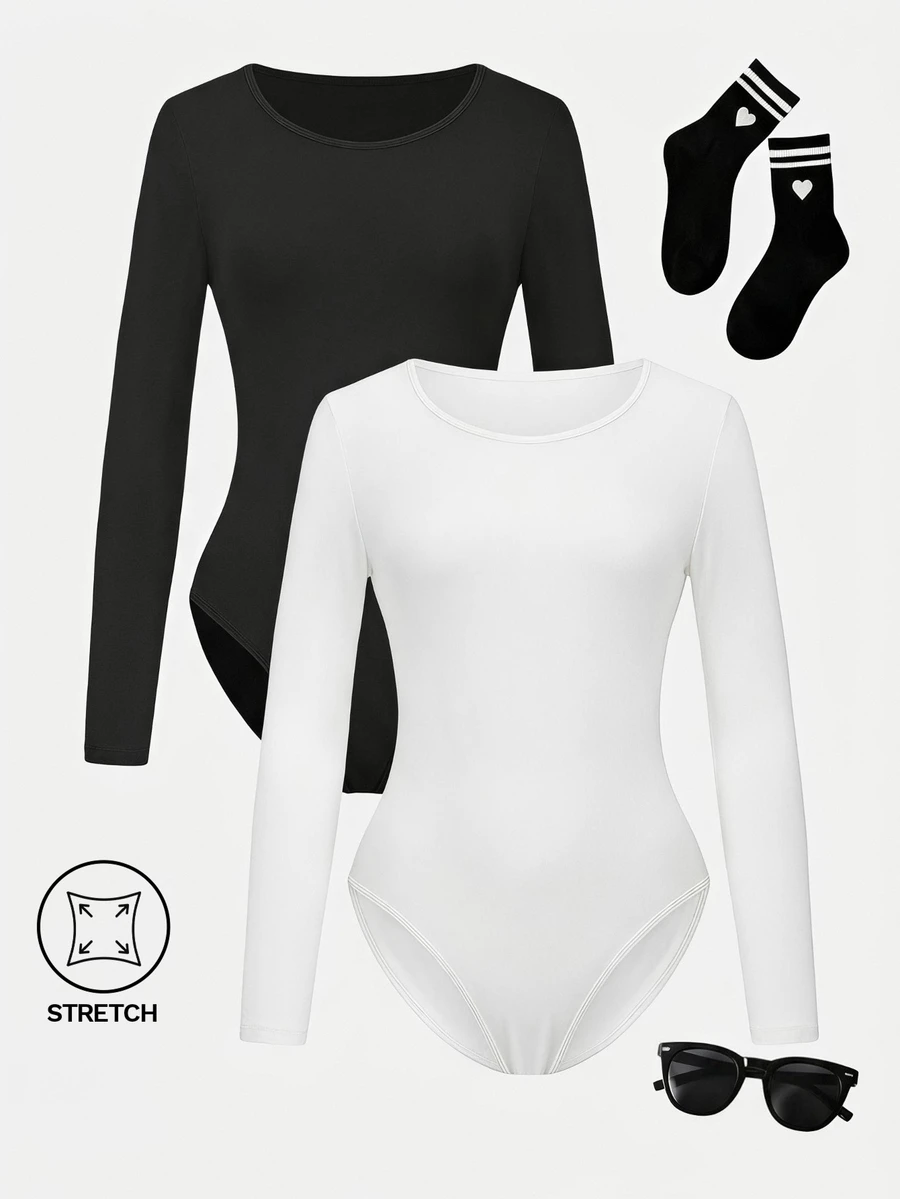 SHEIN 2pcs Tween Girl Solid Color Round Neck Dance & Gymnastics Bodysuit, Elastic Fitted Autumn Winter Long Sleeve Leotard, Fall Winter, Back To School - Black and White - View 1